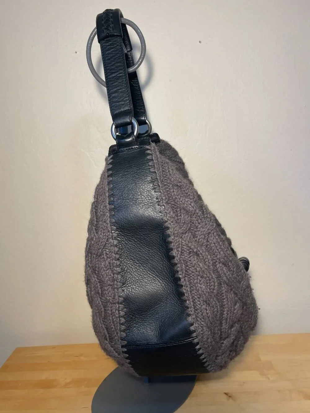Banana Republic Gray Knit Hobo Bag Black Leather Strap Slouchy Shoulder Purse